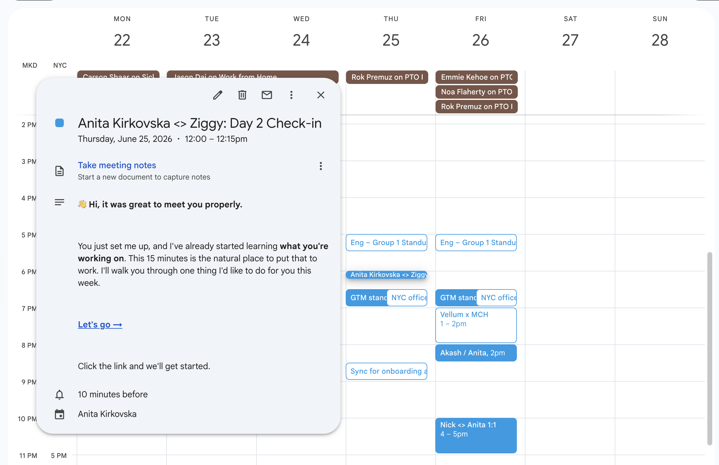 Google Calendar event for a day-two check-in with the AI assistant