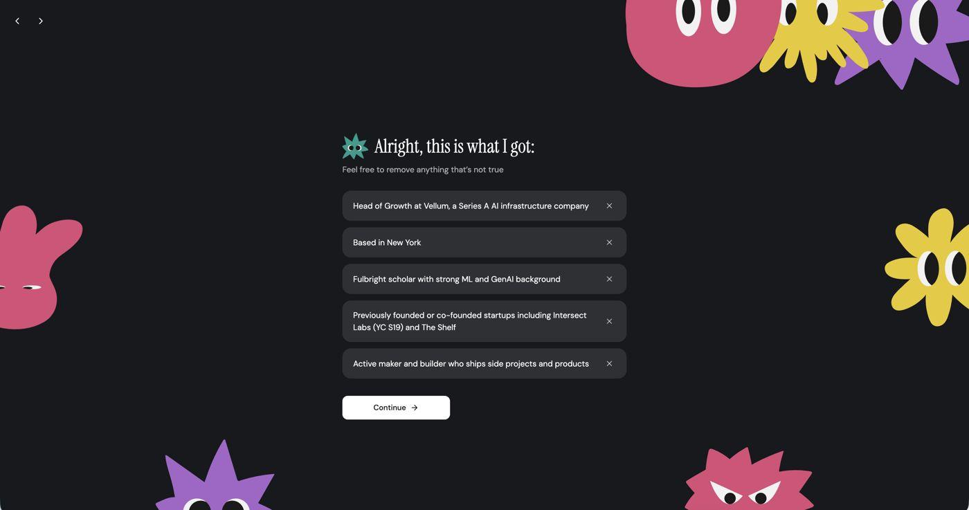 Onboarding screen asking the user to confirm background research findings