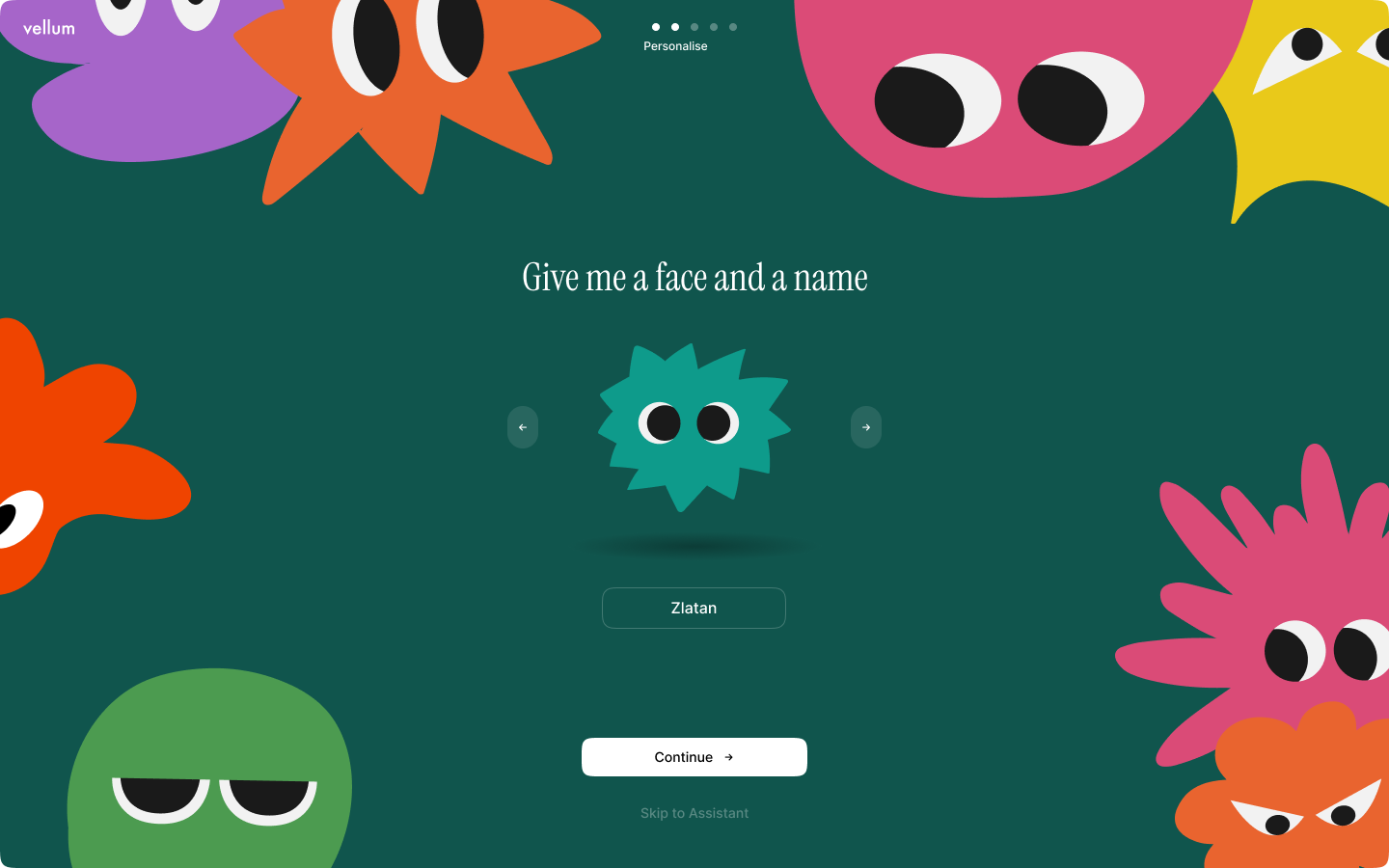 Onboarding screen for choosing an assistant mascot and name