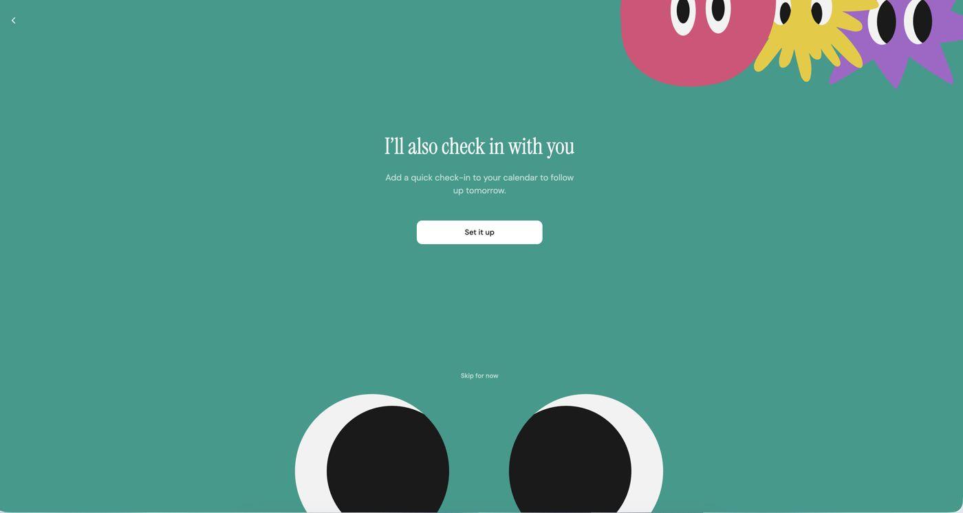 Onboarding screen offering to schedule a check-in for the following day